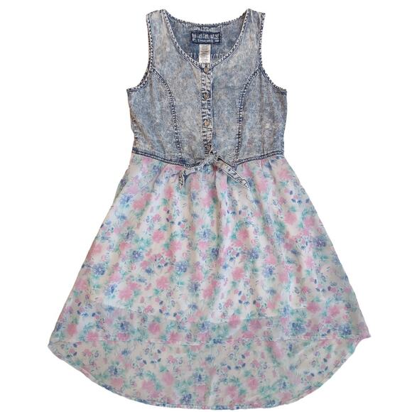 GUESS Girls Denim Chiffon Dress Size XL Casual Jean Blue Floral Dress Kid Core - Picture 1 of 12